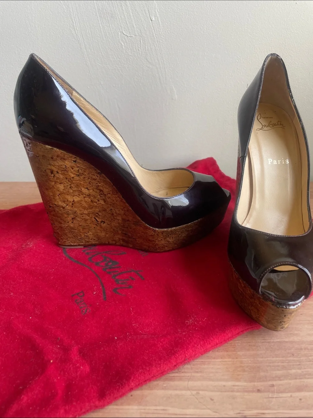 Christian Louboutin Black Patent Peep-Toe Cork Platform Heels